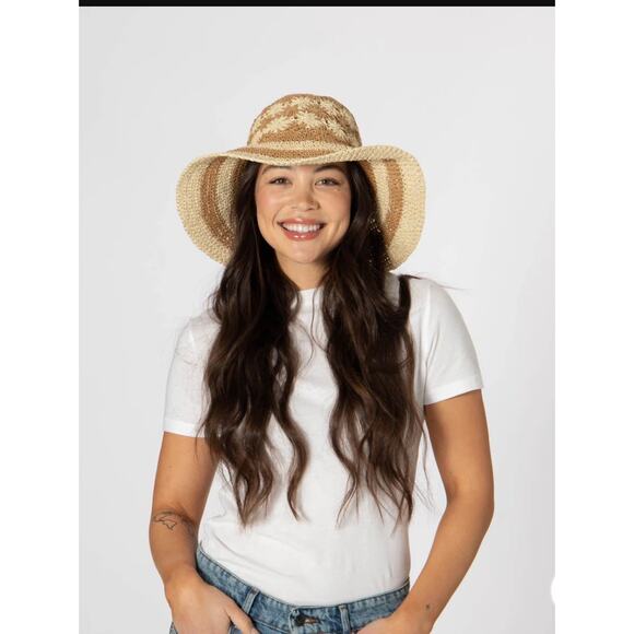 San Diego Hat Company Anthropologie Floral Striped Crocheted Bucket Hat Natural - Picture 1 of 8